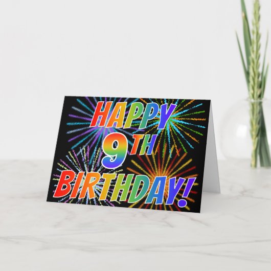 Regenbogenmuster "HAPPY 9TH GEBURTSTAG!" + Feuerwe Karte (Vorderseite)