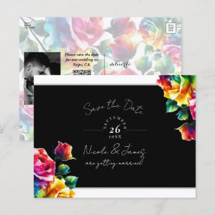 Regenbogenrosen Schwarz & Weiß Floral Save-the-Dat Ankündigungspostkarte
