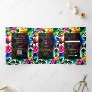 Regenbogenrosen Schwarz-Weiß Lebendige Florale Hoc Dreifach Gefaltete Einladung