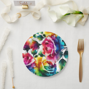 Regenbogenrosen Schwarz-Weiß Lebendige Florale Hoc Pappteller
