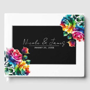 Regenbogenrosen Schwarz-Weiß-Vibrant-Floral-Hochze Gästebuch