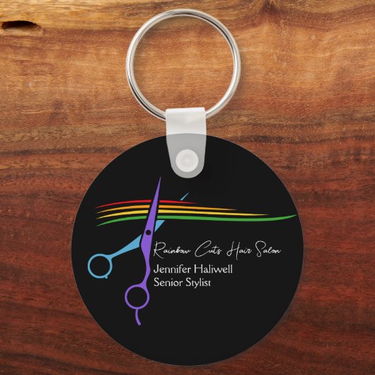 Regenbogenschere Haar Stylist Chic Salon Marketing Schlüsselanhänger (Vorderseite)