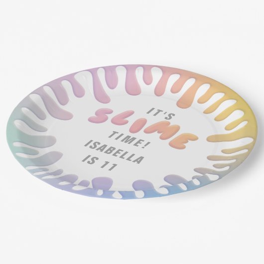 Regenbogenschleim-Party Pappteller (Schrägansicht)