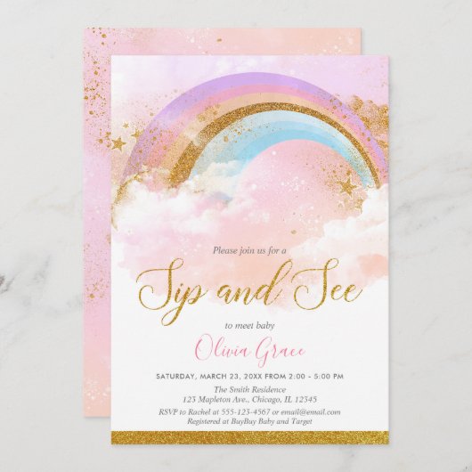 Regenbogensippe und Mädchen pastellfarben rosa Gol Einladung (Vorne/Hinten)