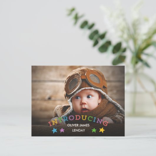 Regenbogenstars | Baby Birth Announction Postcard Ankündigungspostkarte (Stehend Vorderseite)