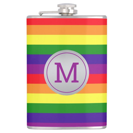 Regenbogenstreifen Grauer Kreis Monogramm Flachmann (Vorderseite)