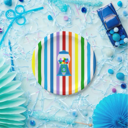 Regenbogenstreifen mit blauem Gumballgerät Pappteller (Party)