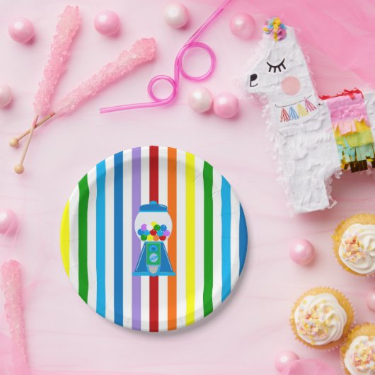Regenbogenstreifen mit blauem Gumballgerät Pappteller (Party)
