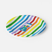 Regenbogenstreifen mit blauem Gumballgerät Pappteller (Schrägansicht)