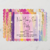 Regenbogenstreifen mit Gold-Glitzer-Silvester Einladung (Vorne/Hinten)