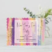 Regenbogenstreifen mit Gold-Glitzer-Silvester Einladung (Stehend Vorderseite)