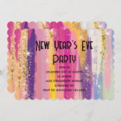 Regenbogenstreifen mit Gold-Glitzer-Silvester Einladung (Vorne/Hinten)