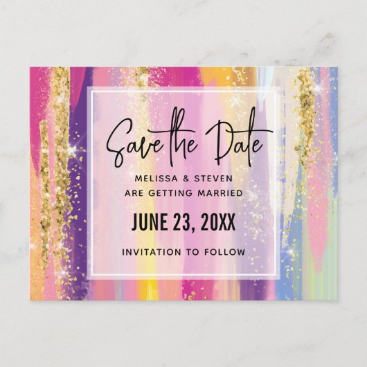 Regenbogenstreifen mit Imitaten Glitzer Save the D Einladungspostkarte (Vorderseite)