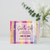 Regenbogenstreifen mit Imitaten Glitzer Save the D Einladungspostkarte (Stehend Vorderseite)