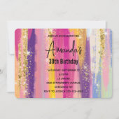 Regenbogenstreifen mit Imitaten Gold Glitzer Gebur Einladung (Vorderseite)