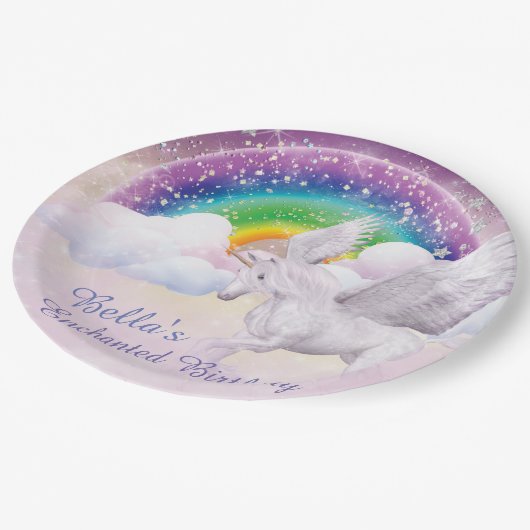 Regenbogenunicorn-Papier-Teller Pappteller (Schrägansicht)