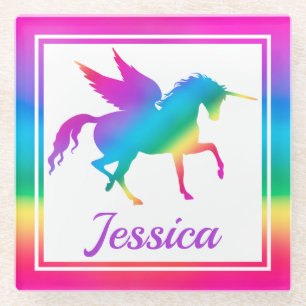 Regenbogenverlauf-Einhorn-Silhouette für Kinder Glasuntersetzer