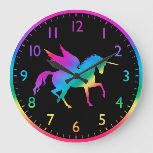Regenbogenverlauf-Einhorn-Silhouette für Kinder Große Wanduhr