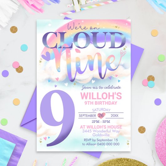 Regenbogenwolke 9 Einladung Wasserfarbe