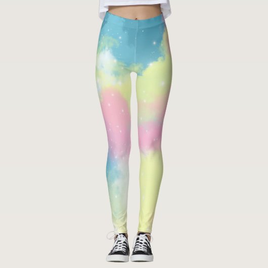 Regenbogenwolken Glitzer funkelnde Sterne Leggings (Vorderseite)