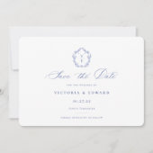 Regency Blau Monogramm-Wappen Hochzeit Save The Date (Vorderseite)