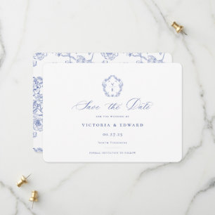 Regency Blau Monogramm-Wappen Hochzeit Save The Date