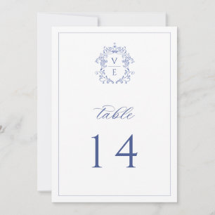 Regency Blau Monogramm-Wappen Hochzeitstisch-Numme Einladung