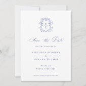 Regency Blaue Monogramm-Wappen-Hochzeit Save The Date (Vorderseite)
