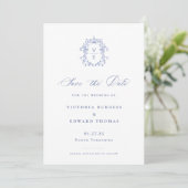 Regency Blaue Monogramm-Wappen-Hochzeit Save The Date (Stehend Vorderseite)
