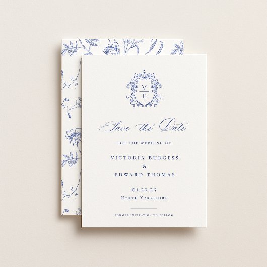 Regency Blaue Monogramm-Wappen-Hochzeit Save The Date