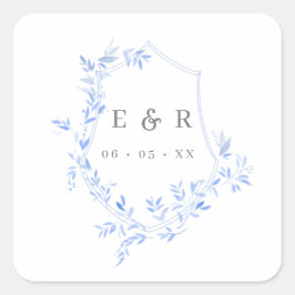 Regency Blue Blätter Wappen Monogram Quadratischer Aufkleber