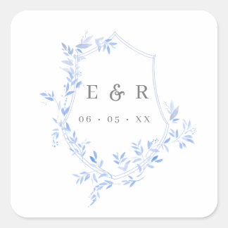 Regency Blue Blätter Wappen Monogram Quadratischer Aufkleber