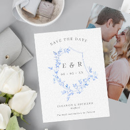 Regency Blue Blätter Wappen Monogram Wedding Foto Save The Date