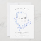 Regency Blue Blätter Wappen Monogram Wedding Foto Save The Date (Vorderseite)