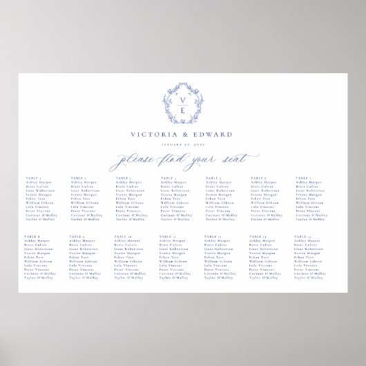 Regency Blue Crest Monogram Wedding Seating Chart Poster (Vorne)