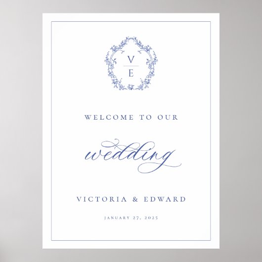 Regency Blue Crest Monogram Wedding Welcome Poster (Vorne)