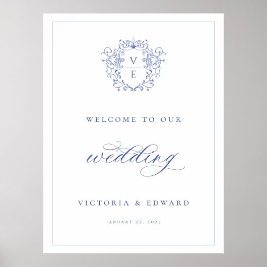 Regency Blue Crest Monogram Wedding Welcome Poster (Vorne)