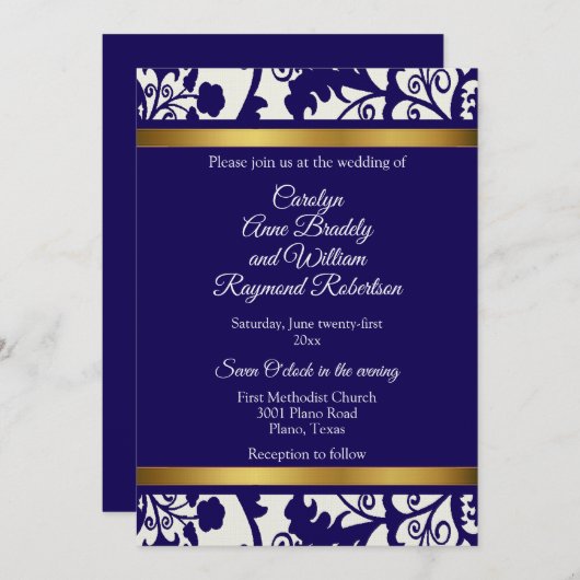 Regency Blue Damask Wedding Einladung (Vorne/Hinten)