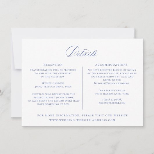 Regency Blue Floral Wedding Details Card Einladung (Vorderseite)