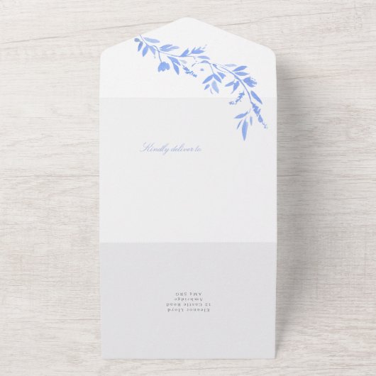 Regency Blue Leafy Monogram Wappen Wedding All In One Einladung (Außenbereich)