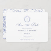 Regency Blue Monogram Wappen Wedding Save The Date (Vorne/Hinten)