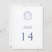 Regency Blue Monogram Wappen Wedding Tischnummer (Vorderseite)