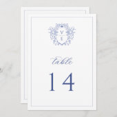 Regency Blue Monogram Wappen Wedding Tischnummer (Vorne/Hinten)