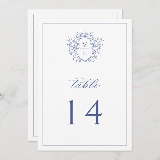 Regency Blue Monogram Wappen Wedding Tischnummer (Vorne/Hinten)