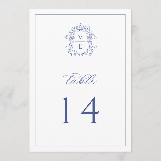 Regency Blue Monogram Wappen Wedding Tischnummer (Rückseite)
