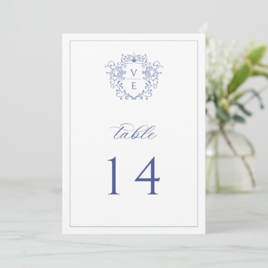 Regency Blue Monogramm-Wappen Hochzeitstisch-Numme Programm (Stehend Vorderseite)