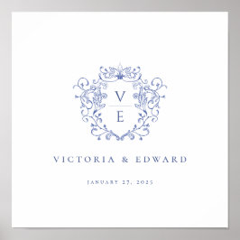 Regency Blue Ornamental Crest Monogram Wedding Poster