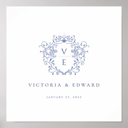 Regency Blue Ornamental Crest Monogram Wedding Poster (Vorne)