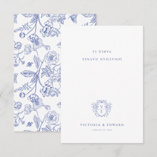 Regency Blue Ornamental Wappen Wedding Platzkarte (Vorne/Hinten)