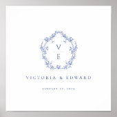 Regency Blue Ornate Crest Monogram Wedding Poster (Vorne)